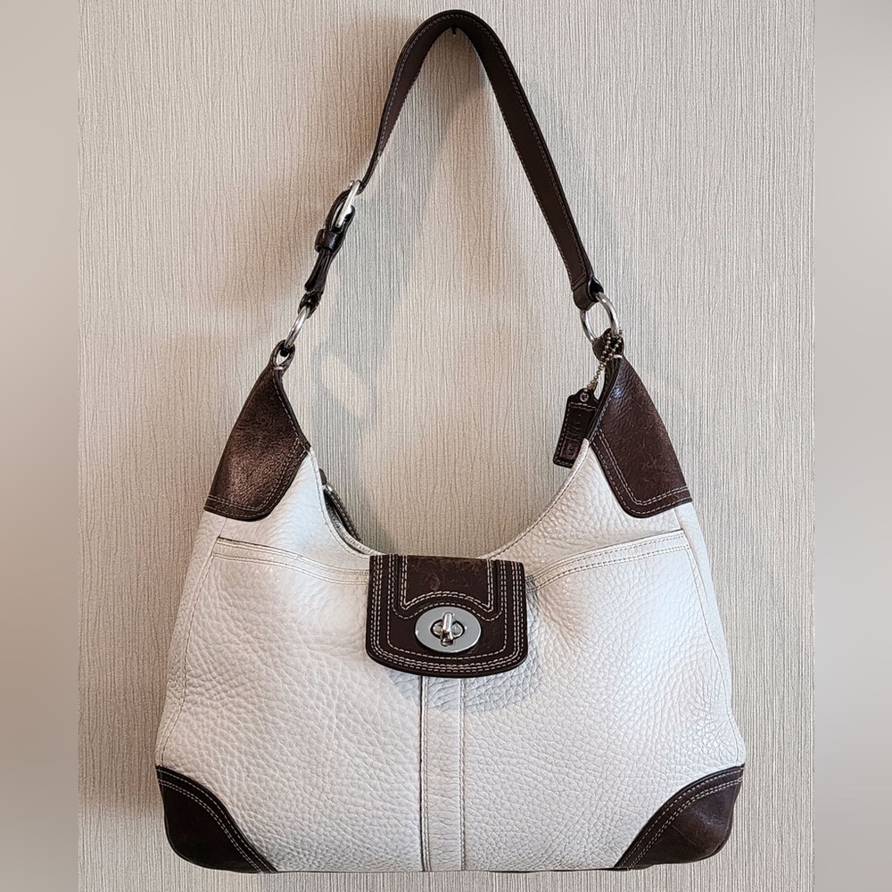 Coach Genuine Ivory Pebbled Leather w/Brown Accents Hamilton Hobo Bag